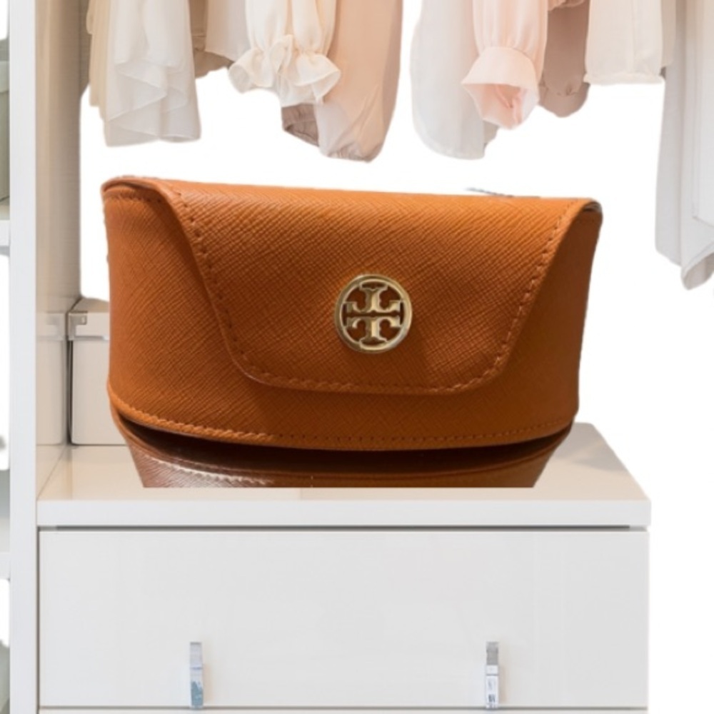 TORY BURCH Sunglasses Case, Curvy, Orange, Saffiano Leather, Suede